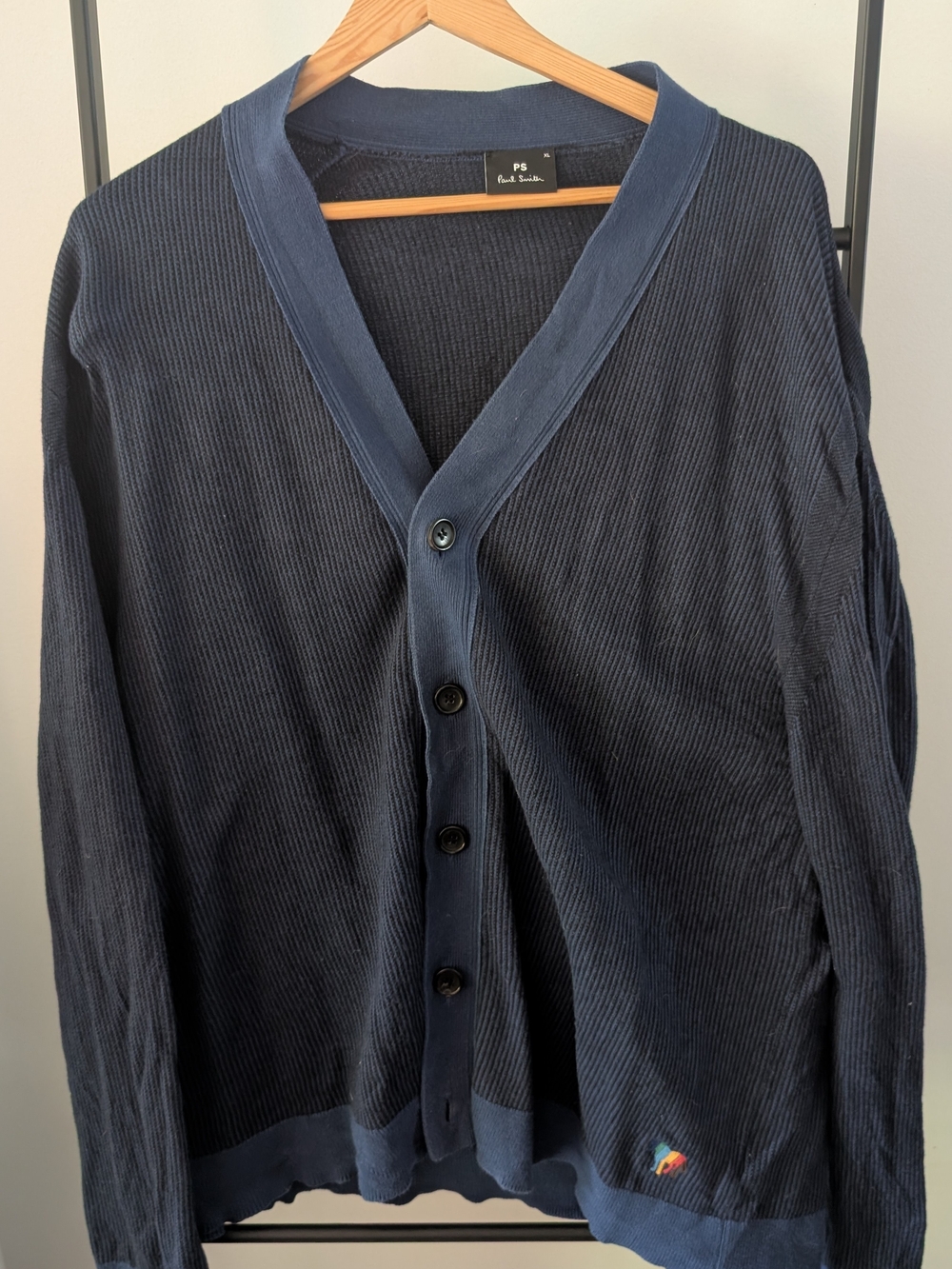 PS Paul Smith Navy Ribbed Button-Front Cardigan with Embroidered Logo